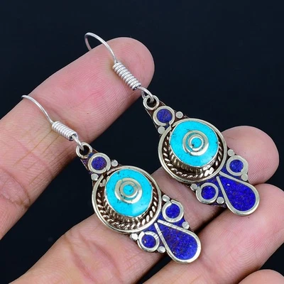 Orecchino nepalese tibetano argento sterling 925 etnico lapislazzuli... - Immagine 1 di 4