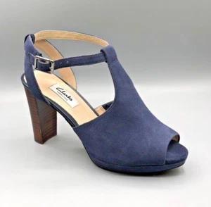 NEW Clarks "Kendra Charm" Ladies Navy Suede Peep Toe Heeled Sandals UK 5.5 D - Picture 1 of 6