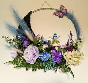 Handcrafted Fairy Wreath In Purple And Blue Flowers And Butterfly Detail / OOAK - Picture 1 of 3