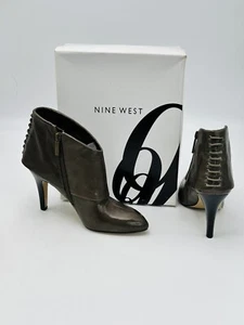 Nine West US 7-1/2 Theophila Grey Leather 3” Heel Stiletto Booties Corset Back - Picture 1 of 12