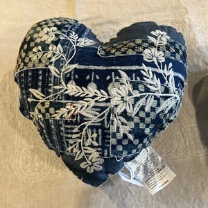 Pottery Barn LOVE Patchwork Heart Shape Pillow Embroidered INDIGO Denim Blue6774 - Picture 1 of 6