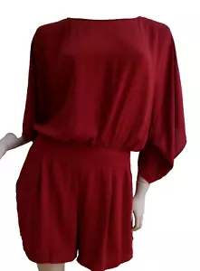 White House Black Market Romper Dress 8 MEDIUM Kimono Red Brown Chiffon Pockets - Picture 1 of 5