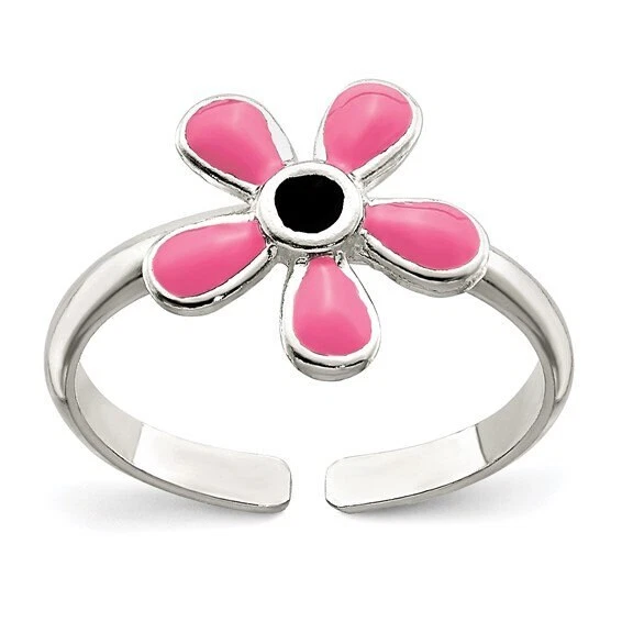 Anillo Puntera Margarita Rosa Esmalte Pulido - Plata de Ley Sólida Abierto Ajustable Foto 1 de 4