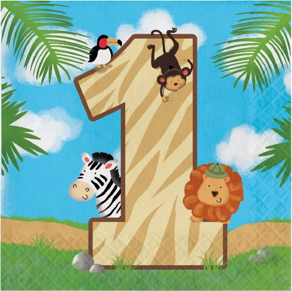 Safari Adventure Jungle Animals Kids 1st Birthday Party Paper Luncheon Napkins - Image 1 of 1
