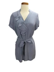Anthropoligie Tabitha Blouse Gray Grey Size 8 Silk Ruffles Short Sleeve Belt - Picture 1 of 6