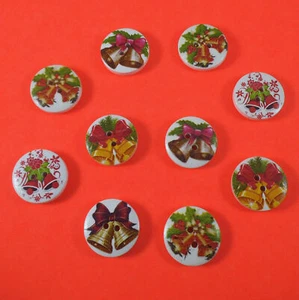 10 Xmas Bells & Bows: Wooden 2 Hole Buttons Mixed Craft-Scrapbook-Sewing 20mm UK - Picture 1 of 5