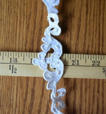WHITE BRIDAL EMBROIDERED BEADED  TRIM  46 INCHES LONG  X 1  1/2  INCHES WIDE - Image 1 of 3
