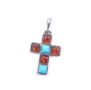 Colgante de cruz vintage cabujón ámbar y turquesa plata esterlina 925 - Imagen 1 de 7