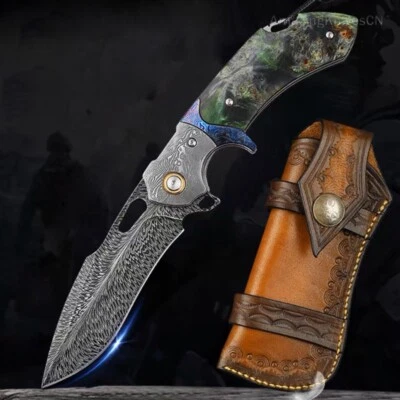 Handcrafted Feather Knife Damascus Steel Folding Pocket Knife Flipper w/ Sheath - Image 1 of 4