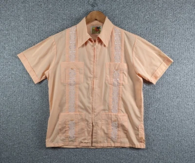 HABAND Guayabera Vintage Men's Apricot Mexican Cuban Embroidered Zip Up Shirt  M - Image 1 of 4