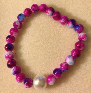 Pink, Blue, White, and Purple Glass Beaded Bracelet with Glass Pearl 