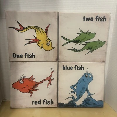 Dr. Seuss Un Pez Dos Peces Peces Rojos Peces Azules Lienzo Arte de Pared Decoración Juego de 4 Foto 1 de 4