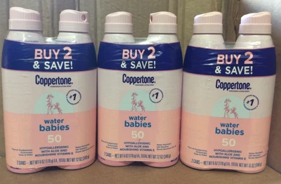 Солнцезащитный спрей Coppertone Water Babies с алоэ SPF 50, 11/2025, 6 унций, 6 банок - Изображение 1 из 3