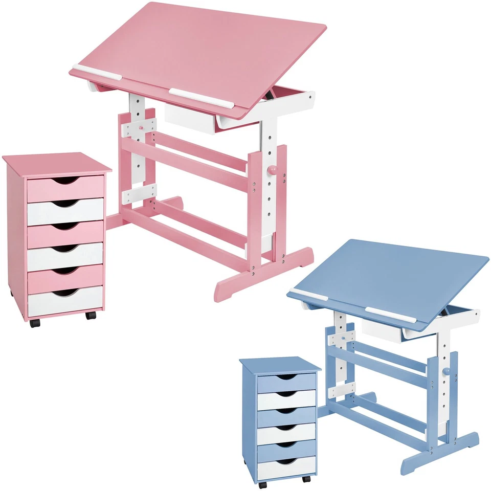 Scrivania regolabile in altezza inclinabile + comò cassettiera a rotelle rosa - Immagine 1 di 1