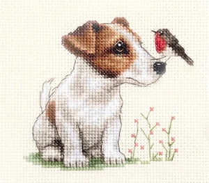 JACK RUSSELL TERRIER dog, puppy + ROBIN, Full counted cross stitch kit Christmas - Picture 1 of 2