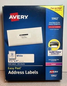 Avery 5962 Mailing Address Labels Laser - 1-1/3 x 4 White 3500 Labels/250 Sheets - Picture 1 of 5