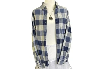 Eddie Bauer Mens Med Blue Check Plaid Flannel Long Sleeve Button Up Cotton Shirt - Picture 1 of 6