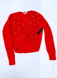 Roter flauschiger bauchfreier Twist Pullover Junior Small keine Grenzen Perlenakzent neu - Bild 1 von 7