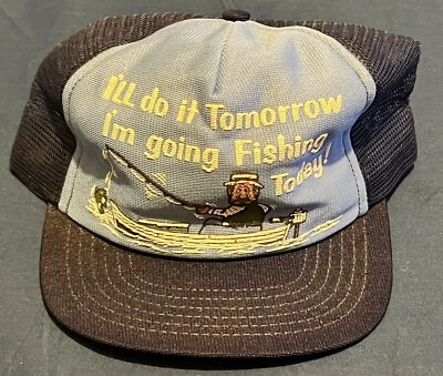 Винтажная сетчатая шляпа рыбака дальнобойщика 80-х I'll Do It Tomorrow I'm Going Fishing Today - Изображение 1 из 4