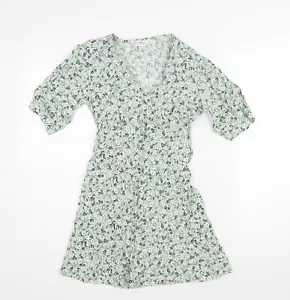 Miss Selfridge Womens Green Floral Viscose Mini Size 6 V-Neck Button - Belted - Picture 1 of 10
