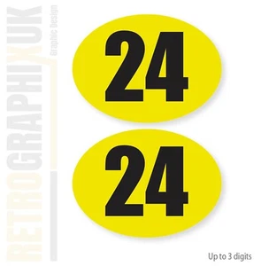 2 Black & Yellow Oval Race Numbers 200 x 145mm Sticker Bike Enduro Car Scooter - - Picture 1 of 1