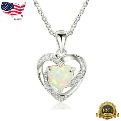 "Collar colgante corazón ópalo enchapado en plata para mujer 18"" creado en laboratorio"  Foto 1 de 3