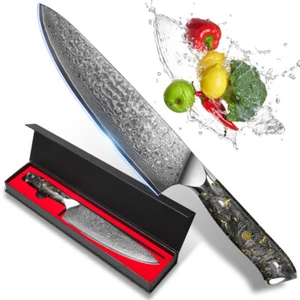 8Inch Chef Knife VG10 Damascus Steel Kitchen Knife Black-Gold Handle Knife - Picture 1 of 11