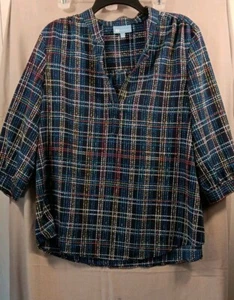Koret Blouse Women Petite Large 3/4 Sleeve Plaid Multicolored - Picture 1 of 7