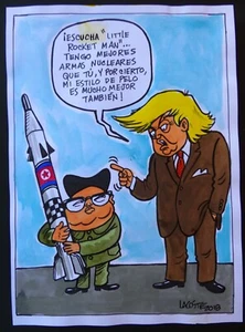 DONALD TRUMP & LITTLE ROCKET MAN Kubanische Cartoon Zeichnung / KUBA KUNST Nordkorea - Bild 1 von 4