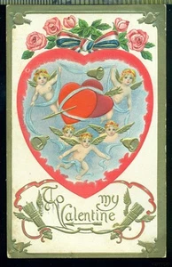 CHERUBINES CORAZONES ROSAS CINTA ORO Vintage A MY VALENTINE 1908 Postal - Imagen 1 de 1