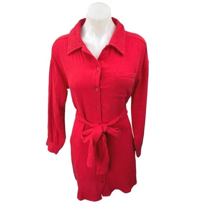 Mini Camisa Vestido Para Mujer Saks Fifth Avenue Rojo Manga Larga Cinturón Abotonada S Foto 1 de 4