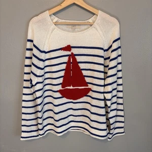Loft Sweater Women L Sailboat Striped White Blue Red Coastal Beach Long Sleeve - Picture 1 of 15