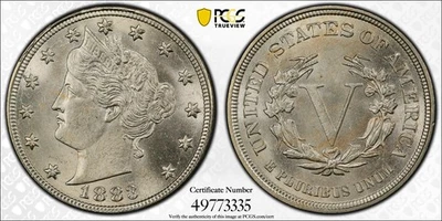 1883 5C No CENTS Liberty Nickel - Type 1 No "CENTS" PCGS MS65+ (CAC) - Image 1 of 3