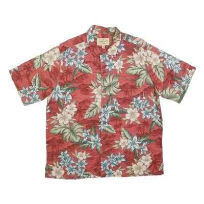 HAVANA JACKS Mens Red & Green Floral Hawaiian Shirt L Silk Summer Casual - Image 1 of 4