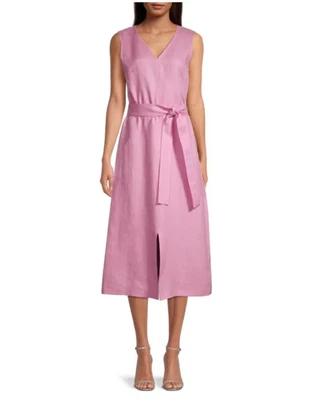 Lafayette 148 Lily Self Tie Linen Dress Women's XXL Pink Midi Sleeveless V-Neck - Image 1 of 4