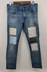 Uniqlo Selvedge Jeans Skinny Fit Tapered Leg Low Rise Patched Denim 33x30 - Picture 1 of 12