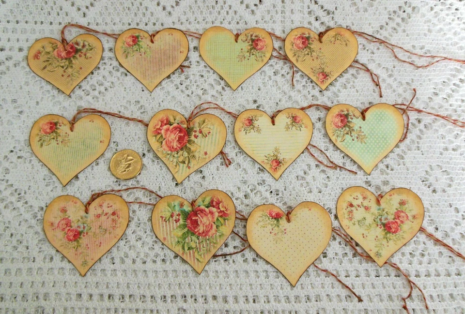12-Valentine's Day-Shabby-Ephemera-Heart-Fussy Cut-Linen Cardstock-Gift-Tags - Image 1 of 1