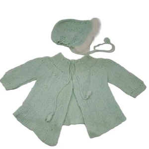 Vintage Green Mint Knitted Sweater Outfit Jacket Hat Doll Or Baby Clothes - Picture 1 of 12