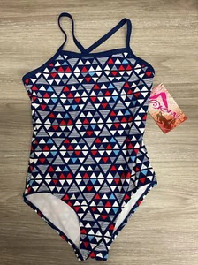 KANU Surf Girls One Piece Swimsuit "Jade” Red White Blue Geometric NWT Size 10 - Picture 1 of 4