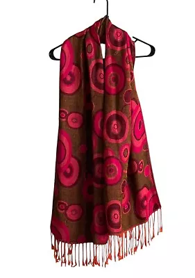 Pashmina Cashmere/Silk Shawl Scarf w/Abstract Geometric Circles 70" x 26" Pink - Image 1 of 4
