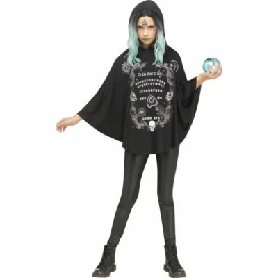 Black Spirit Ouija Board Witch Hooded Poncho Cape Girls Child Halloween Costume - Image 1 of 3