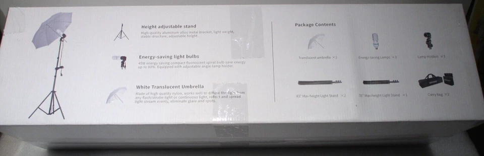 Neewer 600W  Lighting Kit - 2 Umbrellas, 3 Stands, 3 lamps/holders, 2 carry bags - Image 1 of 4