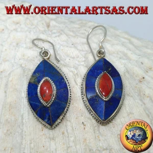 Orecchini in argento 925 ‰ ovali, con Lapis e corallo, tipico modello Nepalese - Foto 1 di 2