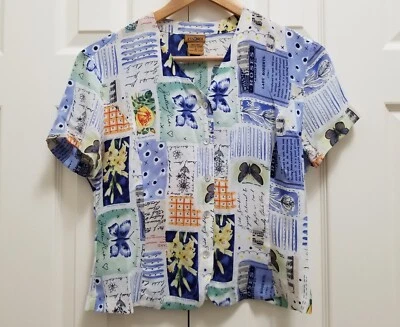 Women's Essendi 100% Silk Butterflies Flowers V-Neck Short Sleeve Shirt Blouse 8 - Image 1 of 4