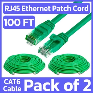 2 Pack 100FT Cat6 Patch Cord Green RJ45 LAN Ethernet Cable Network Internet Cord - Picture 1 of 7