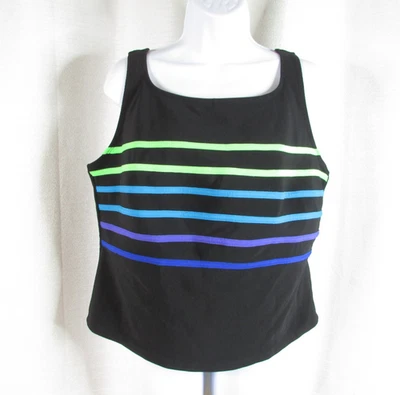 Longitude Women's Size 22W Swim Top Black Tankini Colored Stripes Bra Stretch - Image 1 of 4