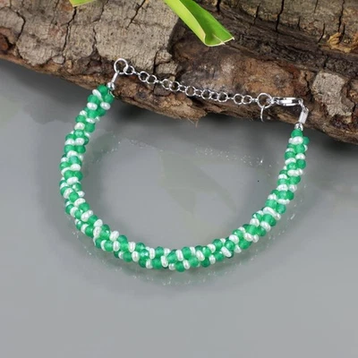 Cuentas de ónix verde y perlas 925 plata esterlina retorcida pulsera... - Imagen 1 de 4