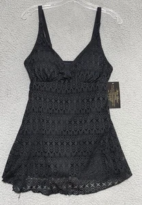 ALISHA LEVINE Crochet Swim Dress Padded Bra Black Swimsuit Size 12 NEW - Picture 1 of 9