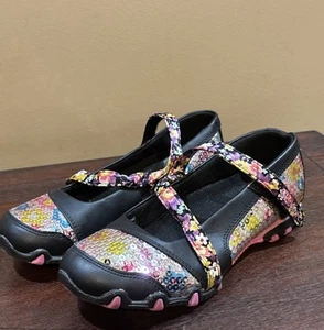 Skechers Girls Youth Size 3 Black Pink Floral Sequin Maryjane Slip-on Shoes - Picture 1 of 17
