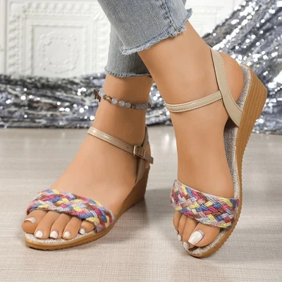 Women's Bohemia Braided Open Toe Wedge Sandals Ankle Strap Summer Dress Shoes - Image 1 of 4